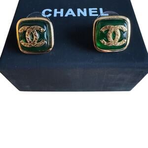 Chanel Square Gold and Green Earrings with Box